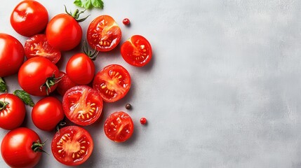 An artistic display of fresh red tomatoes cut in half, showcasing their juicy interiors, a perfect symbol of healthy eating and natural freshness in culinary creativity.