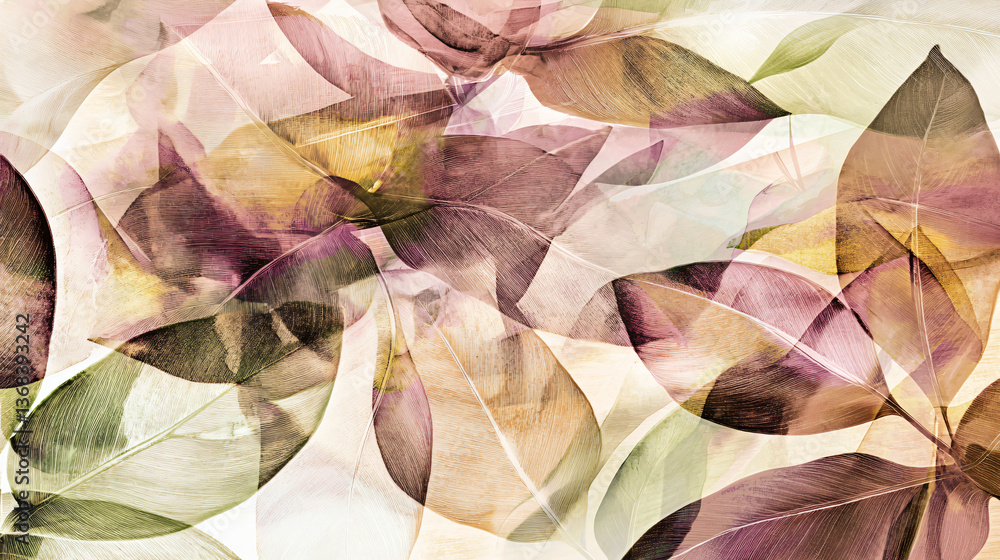 Poster a bunch of leaves captured in a fragmented artistic style reflecting nature's intricate patterns and
