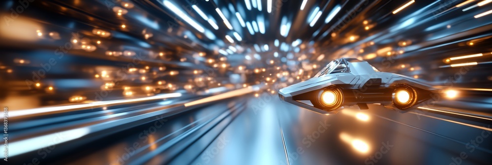 Poster futuristic spacecraft speeding through a neon-lit tunnel at high velocity in a sci-fi environment wi