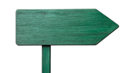 Blank green arrow signpost points right, cut out transparent