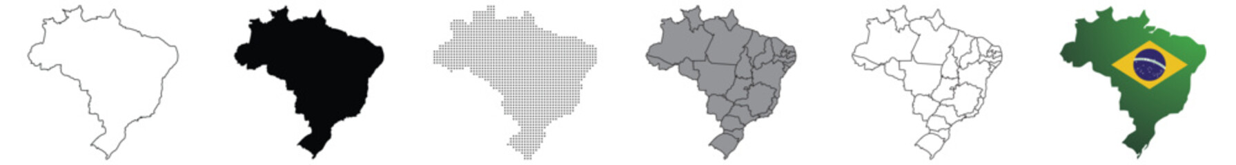 Brazil map vector icon set. Silhouette, states, regions, outline, flag, flat, dotted styles.  Brazil political map set on white background.
