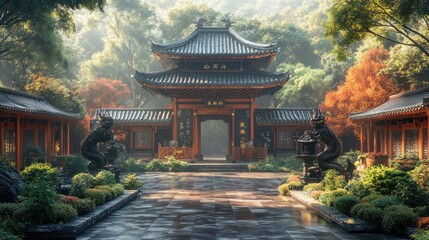Fototapeta premium Serene Temple Gateway: A Misty Morning in a Chinese Garden