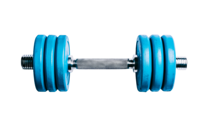 Blue dumbbell, workout equipment for fitness, isolated object, cut out transparent