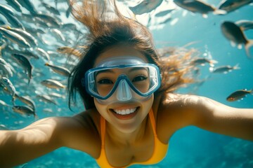 Fototapeta premium Bright commercial style image. Many tropical fish swim next to her. A gorgeous and sexy happy mixed-race young woman with black hair in a swimming mask and fins snorkeling among the corals.