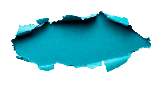 Torn turquoise paper with curled edges, textured background, cut out transparent