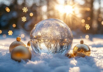 Gold Ornaments and Crystal Ball in Snowy Winter Sunset