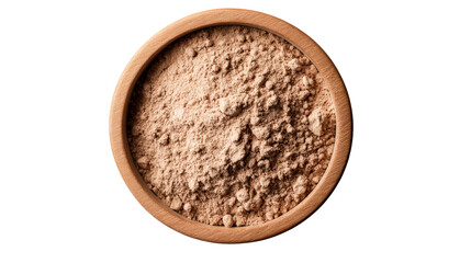Wooden bowl of light brown powder, top view, studio shot, cut out transparent