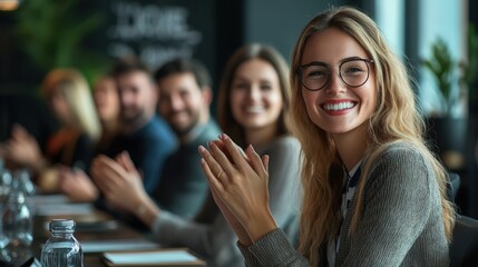 Obraz premium Happy young woman with glasses applauding at a business meeting surrounded by colleagues