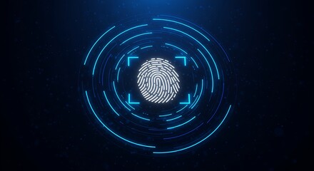 Glowing fingerprint scan surrounded by blue circular lines on a dark blue background design concept