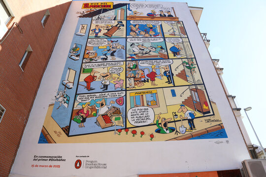 Mural facade painted in the Carabanchel neighborhood of Madrid from the comic strip known as 13 Rue del Percebe by author Iba&ntilde;ez. Street art