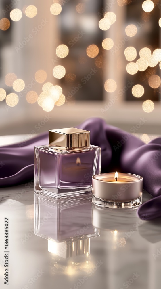 Poster Elegant perfume bottle and candle on a reflective surface with soft bokeh lights creating a cozy atmosphere during evening hours