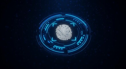 Fingerprint scan in a blue digital circle on a dark background security identification technology 100