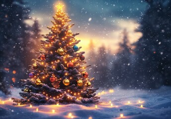 Lighted Christmas Tree in Snowy Winter Forest at Sunset