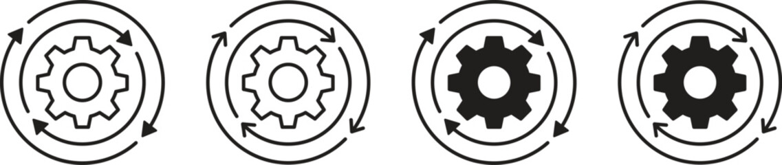 Collection of process synchronization gear icons with two different arrow styles. Sync, settings and processing gears. Vector illustration