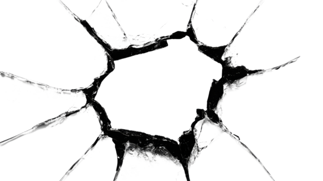 Cracks on glass radiating from center on a black background, cut out transparent