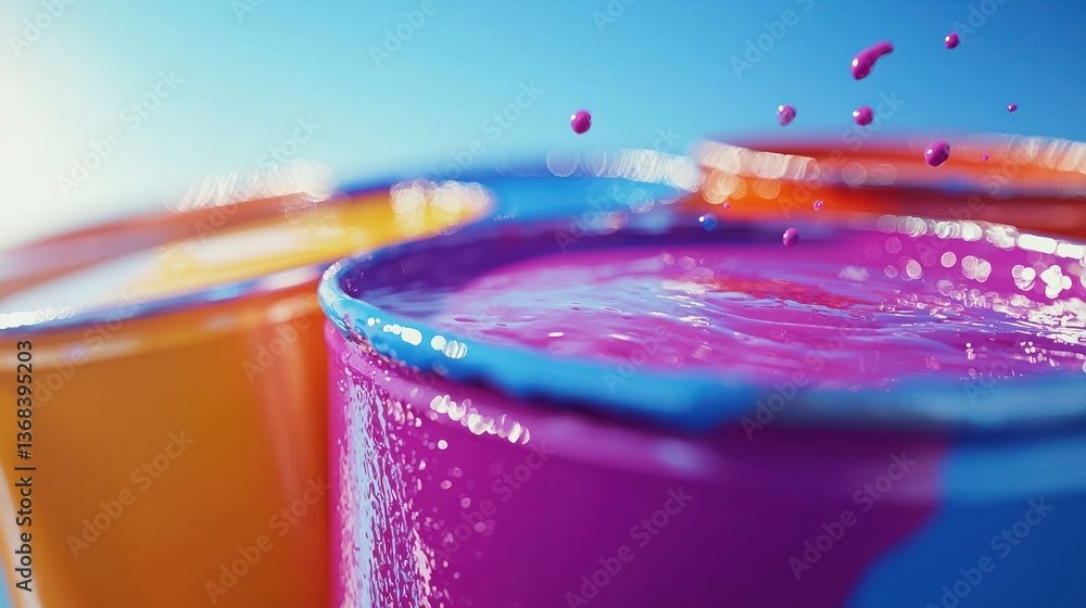 Poster colorful paint buckets with splashing paint