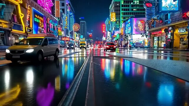 A rainy night in a futuristic neon-lit city, reflected in the wet street.