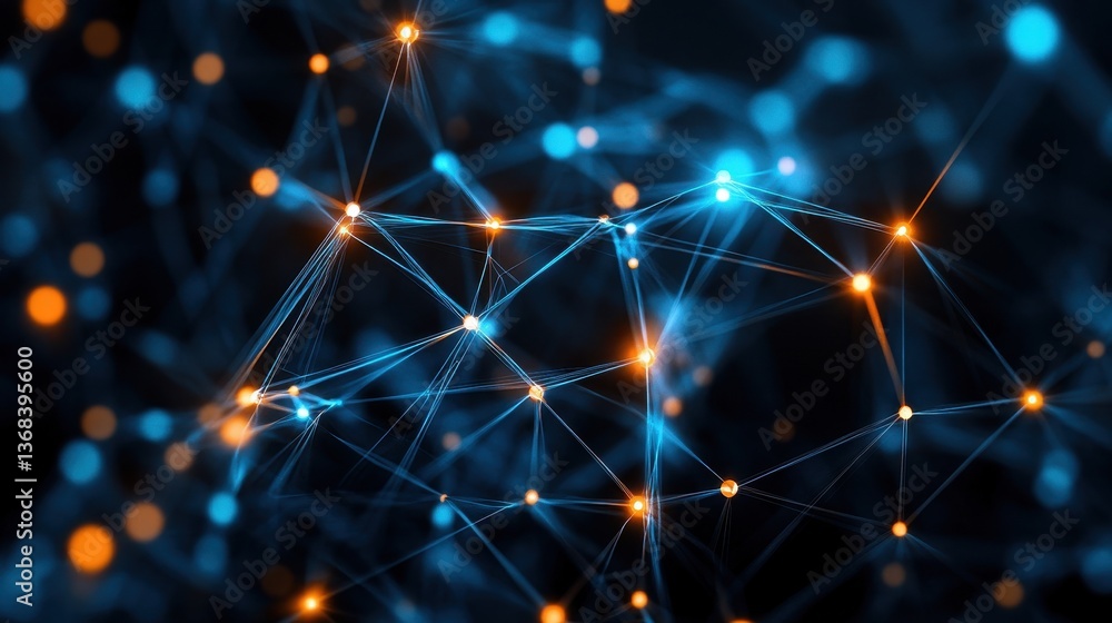 Poster abstract digital rende of interconnected nodes glowing in blue and orange light on dark background i