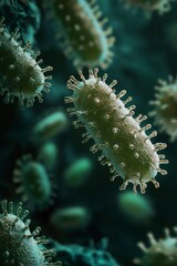 Microscopic View of Green Viruses in Dark Background Detailed 3D Rendering