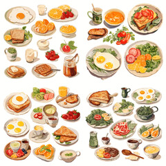Variety of breakfast dishes including eggs, toast, fruits, coffee, and salads. Tasty morning meal collection ideal for food blogs, menus, or culinary illustrations.

