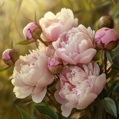 Natural bouquet of peonies with delicate colors and lush green leaves creates a serene atmosphere in soft lighting Generative AI