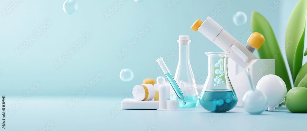 Poster futuristic and modern 3d isometric rendering of a high-tech laboratory interior, featuring advanced 