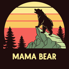 Retro Mama Bear Silhouette on Mountain Peak at Sunset