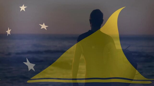 Walking towards ocean, surfer carrying Tokelau flag animation on surfboard