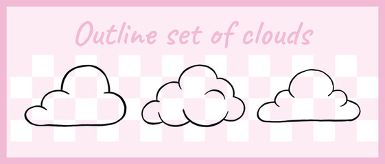 Simple black line cloud illustrations on pink checkered background, ideal for graphic projects, stickers, or digital scrapbooking