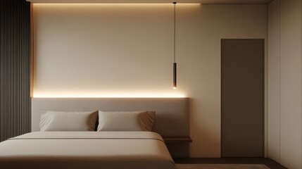 A bed in a modern beige bedroom. Bed headboard with subtle oriental design elements.
