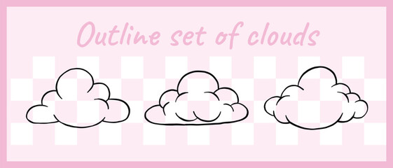 Three playful black outline cloud drawings on a soft pink checkered backdrop, ideal for digital artwork, scrapbooking, or web design