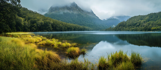 Naklejka premium mountain lake in the morning