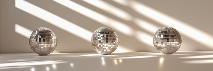 Three disco balls placed on a surface, illuminated by sunlight. Reflections and shadows create an interesting visual effect
