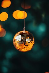 Fototapeta premium Shiny disco ball reflecting light hanging against blurred bokeh background