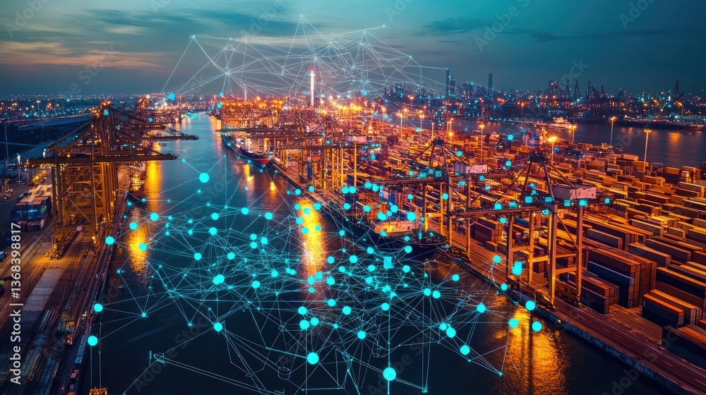 Poster futuristic port infrastructure with ai and data-driven technology in twilight scene overlooking ship
