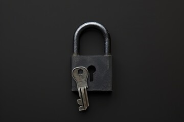 Close-Up View of Vintage Padlock and Key on Dark Background