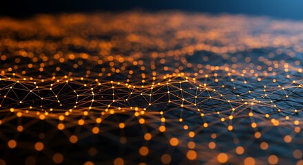 Abstract network with glowing orange nodes and connecting lines on a dark textured surface