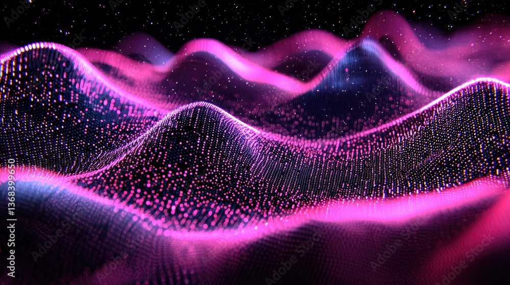 Poster abstract digital waves in pink and purple colors representing data and technology in artificial inte