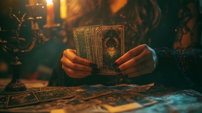 A tarot reader shuffling an ornate deck, preparing to unveil a prophetic message 