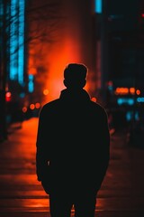A solitary figure stands against vibrant city lights, evoking mystery and introspection.