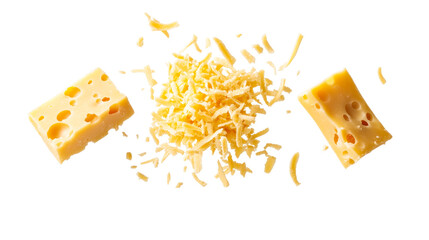 Swiss cheese blocks and grated cheddar, culinary ingredient, cut out transparent