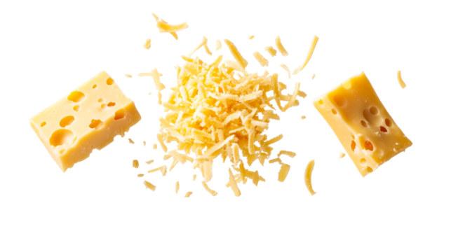 Swiss cheese blocks and grated cheddar, culinary ingredient, cut out transparent