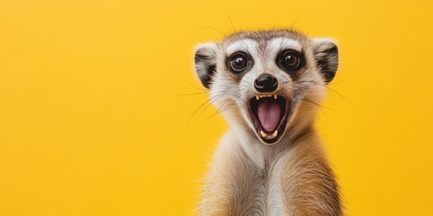 Fototapeta premium A meerkat displaying excitement with its mouth open against a bright background.