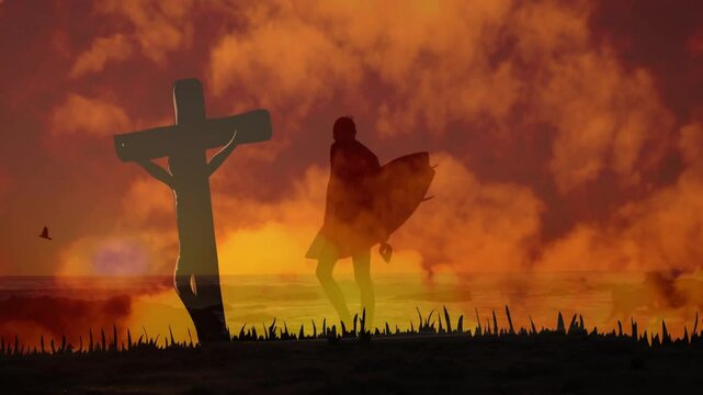 Walking near cross at sunset, surfer silhouette against dramatic sky