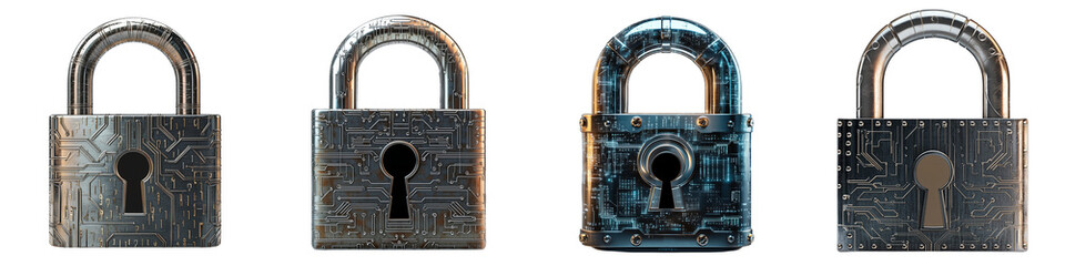 set of A digital lock is a new horizon in security, the lock is a symbol of copyright and security, a modern digital lock with biometric security, the lock, on a transparent backgrounds