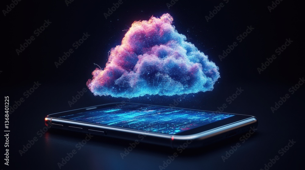 Aufkleber stylized glowing cloud of interconnected nodes above a smartphone displaying digital data showcasing