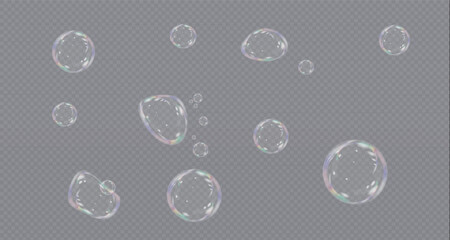 Set of multicoloured soap bubbles. On transparent background.Vector illustration.EPS . Flying air soap bubbles. Vector illustration.PNG