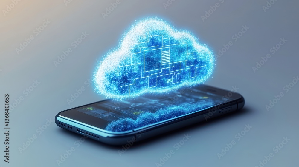 Poster glowing blue cloud icon with circuit elements above modern smartphone representing cloud computing a