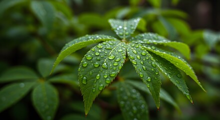 Close up of wet green leaves with water droplets in a natural outdoor setting