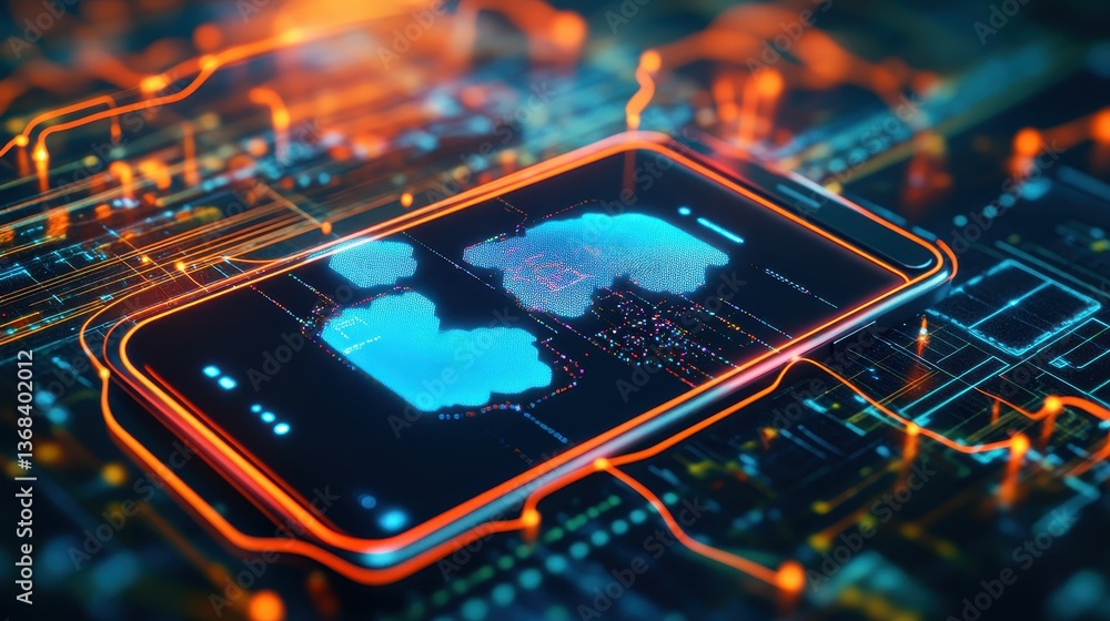 Poster a smartphone positioned on a circuit board displaying vibrant abstract data clouds in a stylized fut